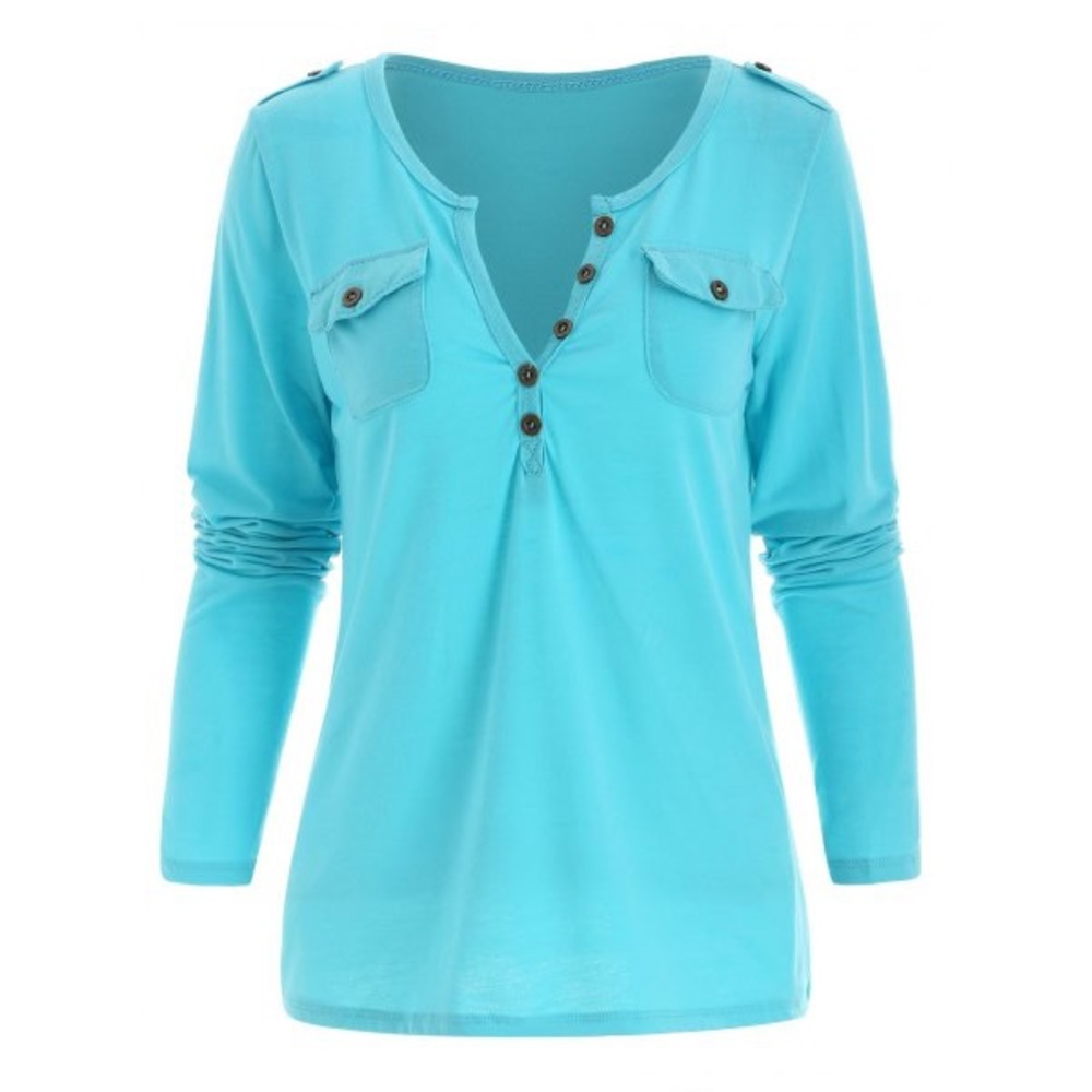 V-Neck Long Sleeve Slimming Pocket Design T-Shirt